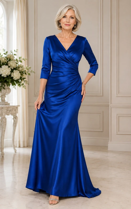 Royal Blue V-Neck Satin Mother Dress With 3/4 Sleeves