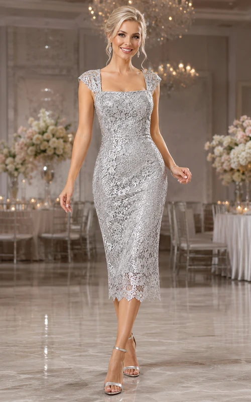 Silver lace strap sheath sweetheart club banquet midi dress