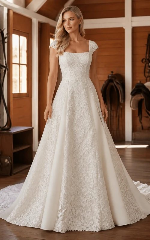 Vestido de novia estilo western vintage de encaje, cuello cuadrado y manga corta, largo hasta el suelo.