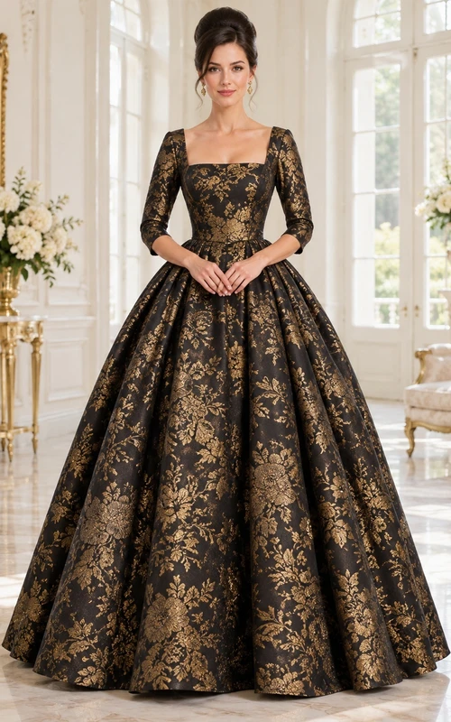 Vestido de noche de jacquard negro y dorado con escote cuadrado y mangas cortas, estilo años 60