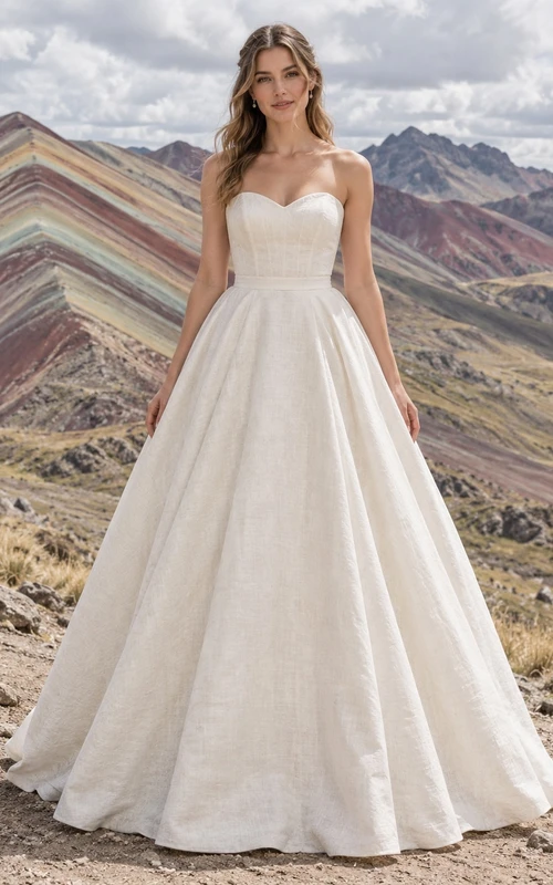 Sencillo vestido de novia palabra de honor de lino con escote corazón, cintura estrecha y falda en línea A.