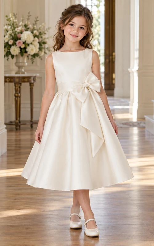 Teelanges elfenbeinfarbenes Satin-Blumenmädchenkleid mit U-Boot-Ausschnitt und skulpturaler Schleife an der Seite