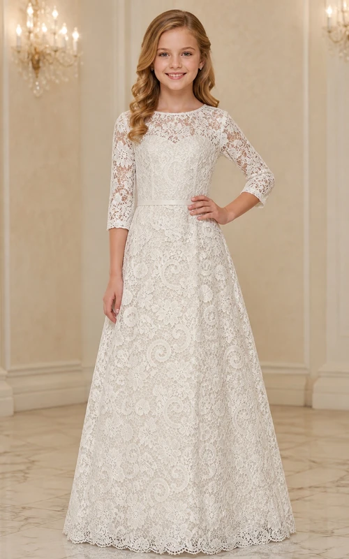 Vestido de encaje floral de corte A, largo hasta el suelo, con mangas tres cuartos, ideal para damas de honor jóvenes.