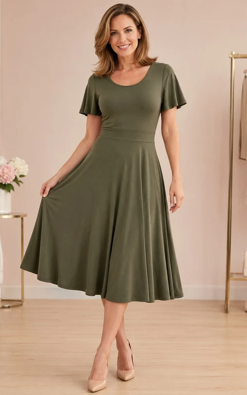 Vestido vintage de manga corta, corte A, largo hasta la rodilla, de jersey verde oliva con cuello redondo.
