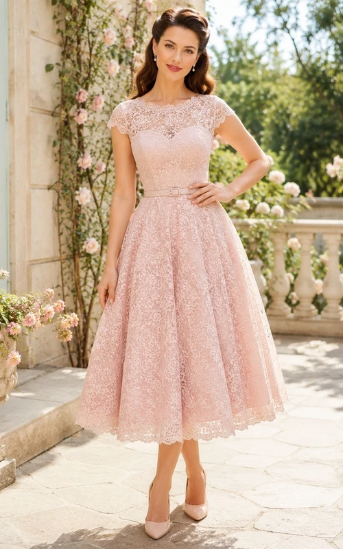 Vestido de cóctel romántico de los años 50, estilo años 50, con mangas cortas de encaje color rosa empolvado, escote barco y largo hasta la rodilla.