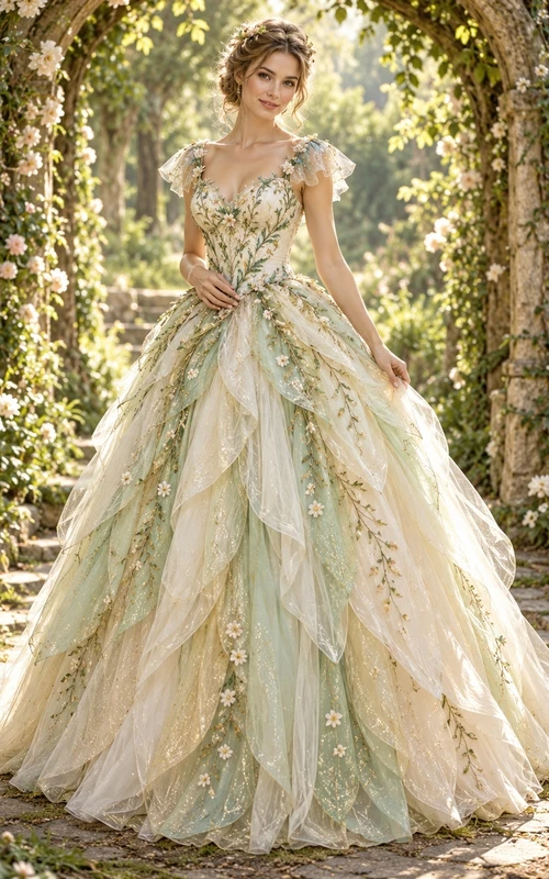 Fairy Sage Floral V-neck Cap Sleeve Petal Layered Tulle Ball Gown
