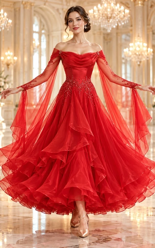 Robe de bal rouge en mousseline à volants, épaules dénudées et manches drapées.