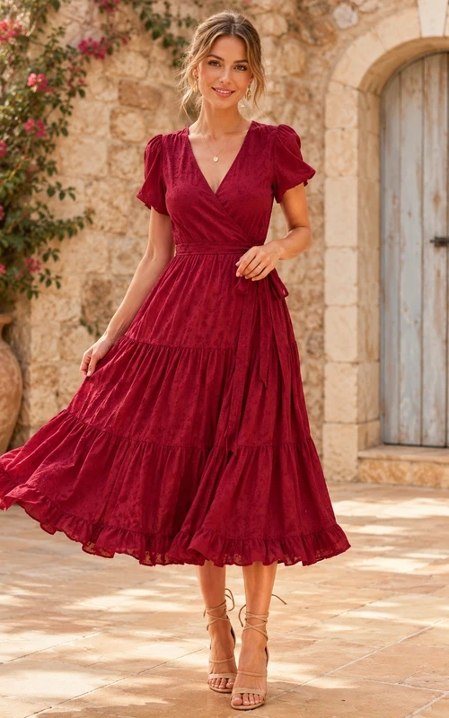Vestido rojo de corte A con escote en V y mangas con volantes, largo hasta la rodilla.