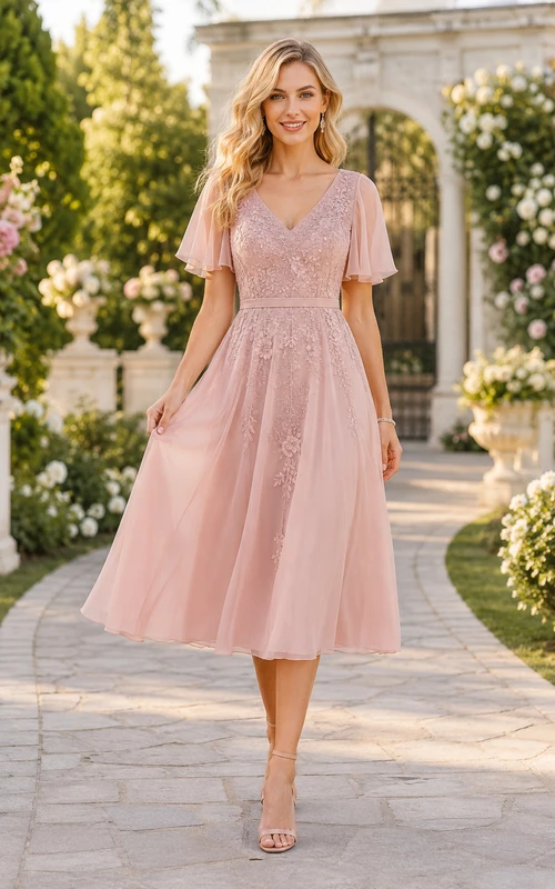 Vestido de tul rosa palo de corte A hasta la rodilla con mangas acampanadas para damas de honor, invitadas a bodas y recepciones formales.