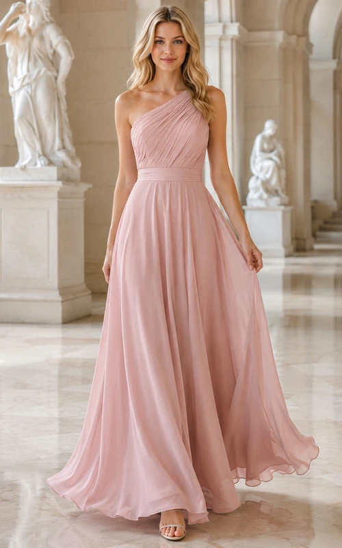 Museum Formal Blush Simple Romantic A-Line Chiffon Bridesmaid Dress with One-Shoulder Sleeveless Floor-Length Draped Open Back