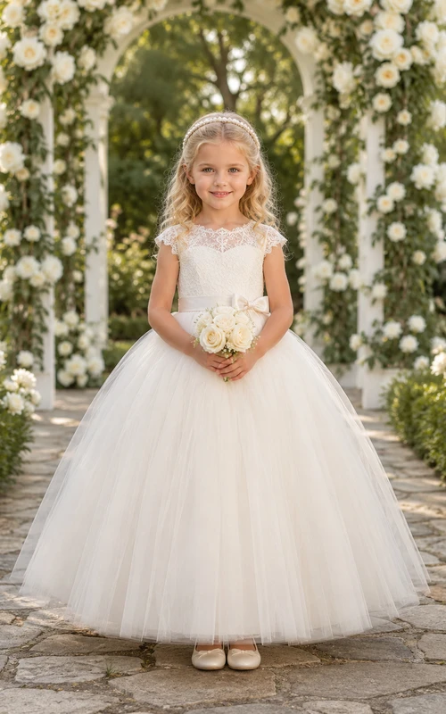Flower Girl Dress Ivory Lace Tulle A-Line Short Sleeve Scoop Neck Tea Length