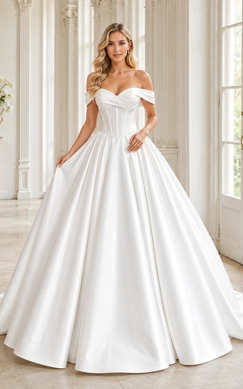 Robe de bal de luxe blanche en satin à épaules dénudées et traîne courte