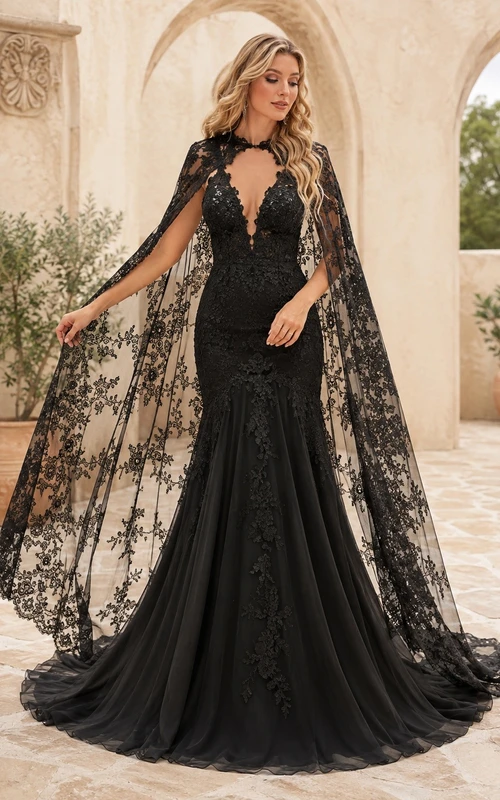 Vestido de novia negro vintage romántico de manga larga estilo sirena con cuello alto y encaje