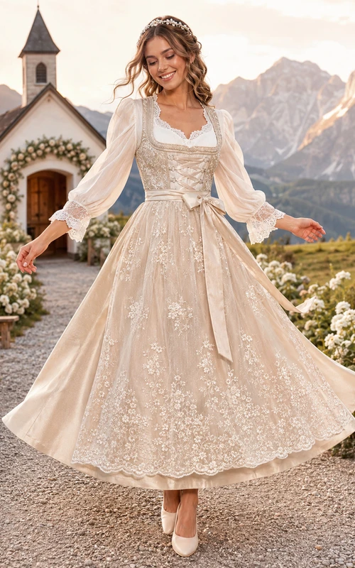 Robe de mariée alpine champagne Dirndl à col carré et manches longues en dentelle pour un mariage de style thé