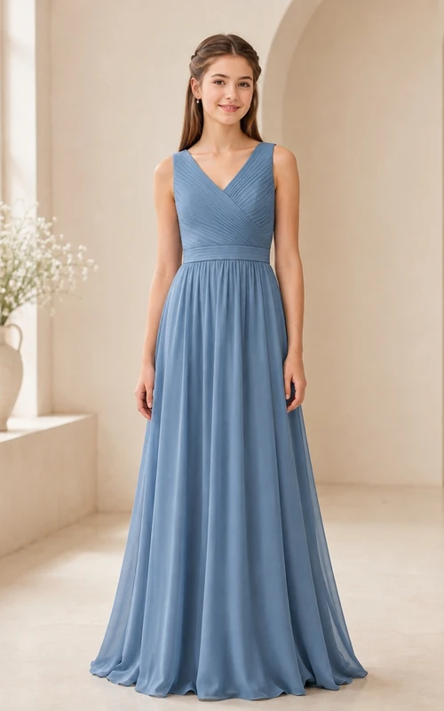 Vestido de dama de honor juvenil azul acero, corte en A, escote en V, sin mangas, plisado, sencillo.