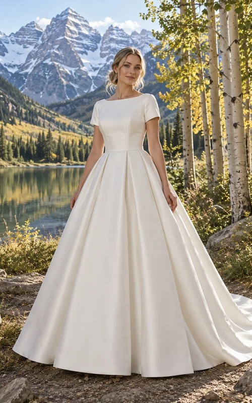 Vestido de novia sencillo de corte A, escote barco, manga corta, satén liso, largo hasta el suelo