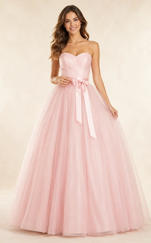 Blush Simple Affordable Strapless Sweetheart Tulle Satin Sash Quinceanera A-Line Formal Gown