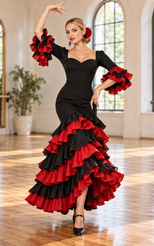 Robe de danse flamenco noire et rouge à décolleté cœur et manches cloche asymétrique