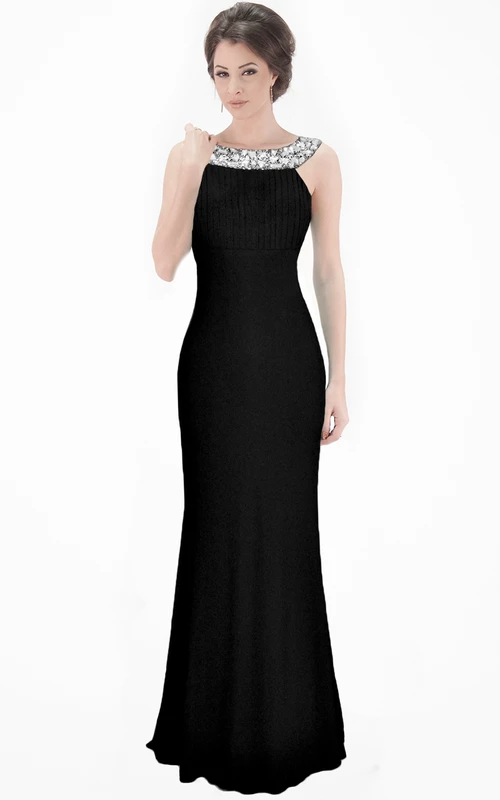 Beaded Sleeveless Jewel Neck Chiffon Evening Dress With Brush Train
