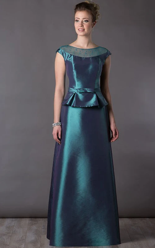Lace Neck Cap Sleeve A-Line Satin Long Mother Of The Bride Dress With Bow