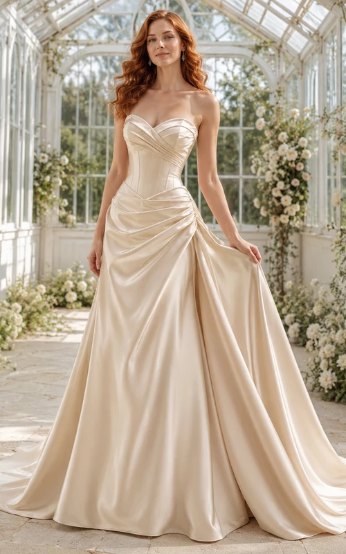 Robe de mariée asymétrique en satin drapé à une épaule, coupe ajustée.