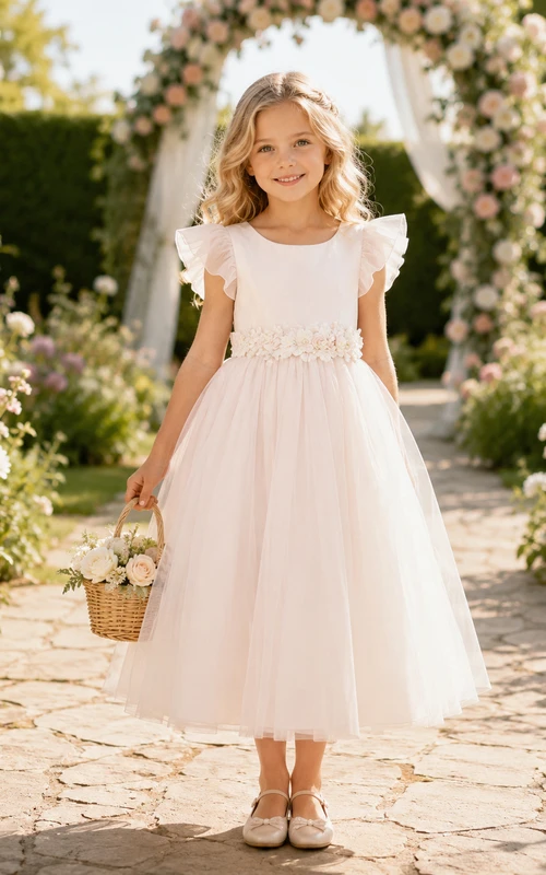 Blumenmädchenkleid aus rosafarbenem Tüll, A-Linie, Rundhalsausschnitt, Teelänge, mit Schärpendetails