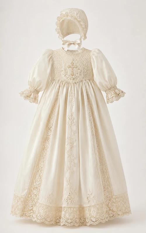 Robe de baptême vintage, robe de princesse modeste, robe de bal, manches longues, tulle illusion, dentelle, traîne au sol et bonnet couleur champagne