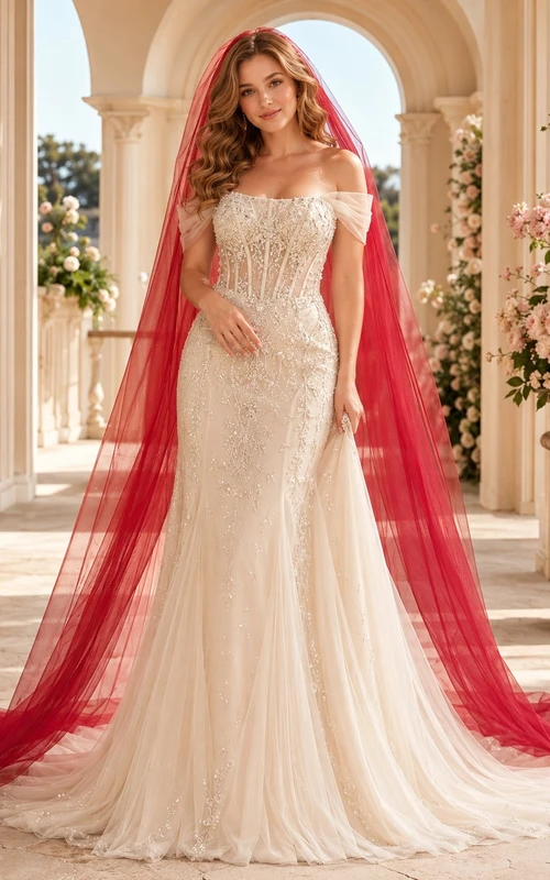Vestido de novia clásico de encaje con cola larga y mangas cortas estilo sirena.