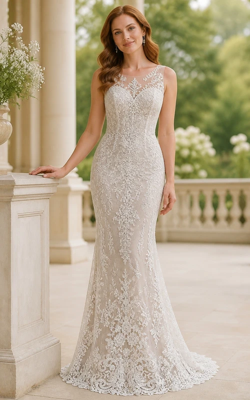 Vestido de novia modesto de corte recto con cuello alto y cola de encaje.