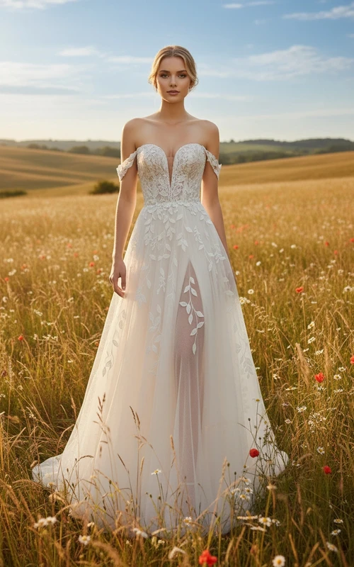 Ätherisches, schulterfreies Brautkleid aus Tüll mit Stickerei
