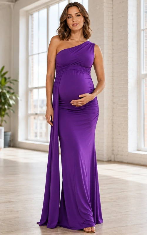 Vestido de maternidad morado de jersey, sin mangas, con un solo hombro y abertura frontal.