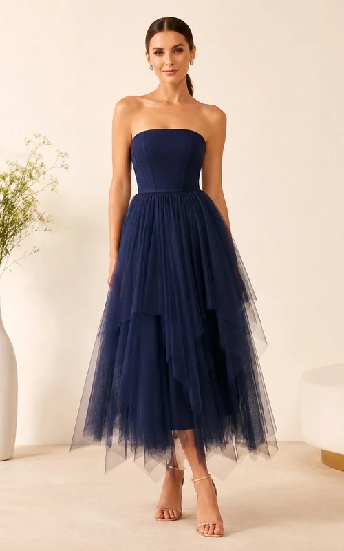 Dark Navy Strapless Tiered Asymmetrical Tulle Tea-Length A-Line Evening Dress