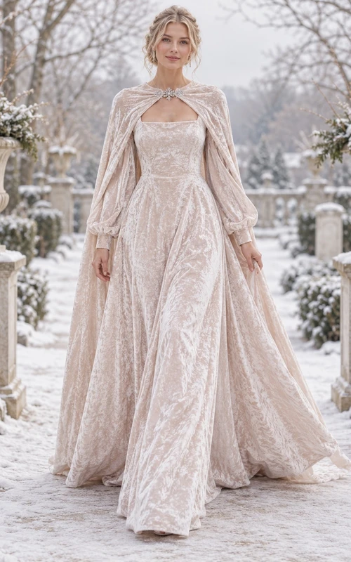 Vestido de novia de corte A con capa de terciopelo texturizado color rosa empolvado de manga larga y cuello cuadrado