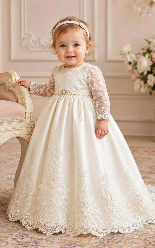 Vestido de bautizo elegante y lujoso para bebé, corte en A, largo hasta el suelo, cuello joya, manga larga, satén, encaje, lazo en la espalda y botones en la espalda.