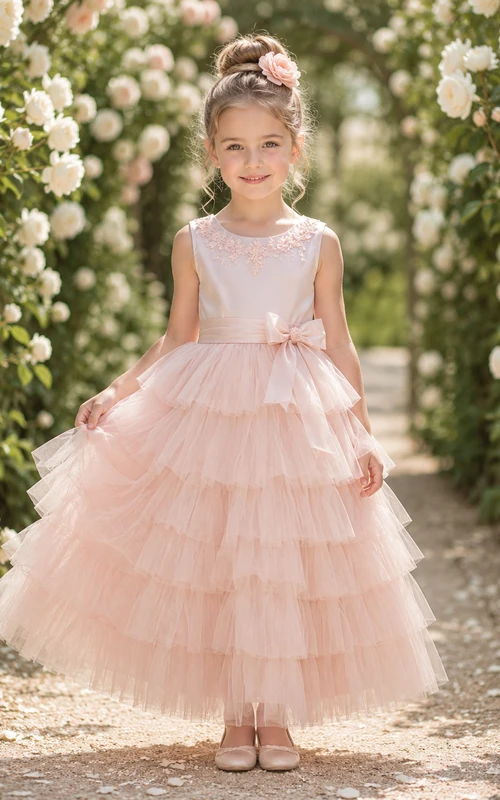 Vestido de niña de flores de tul con volantes, corte en A, cuello joya, falda a media pierna, detalle de lazo y volantes.