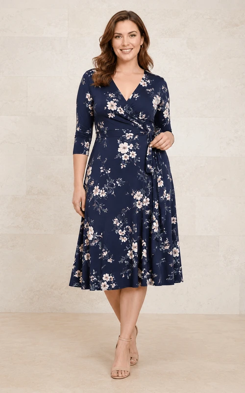 Marineblaues, geblümtes Midikleid mit V-Ausschnitt und Dreiviertelärmeln in A-Linie