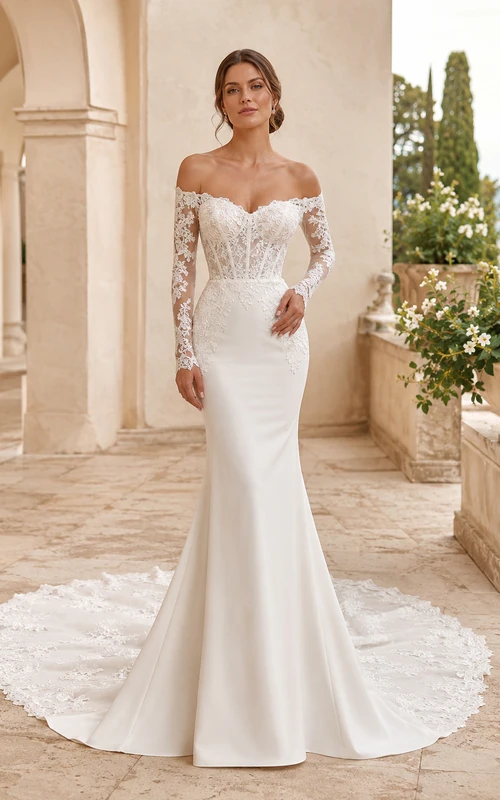 Robe de mariée classique en satin et dentelle, épaules dénudées, manches longues, coupe sirène, traîne chapelle, manches fleuries, fermeture éclair au dos