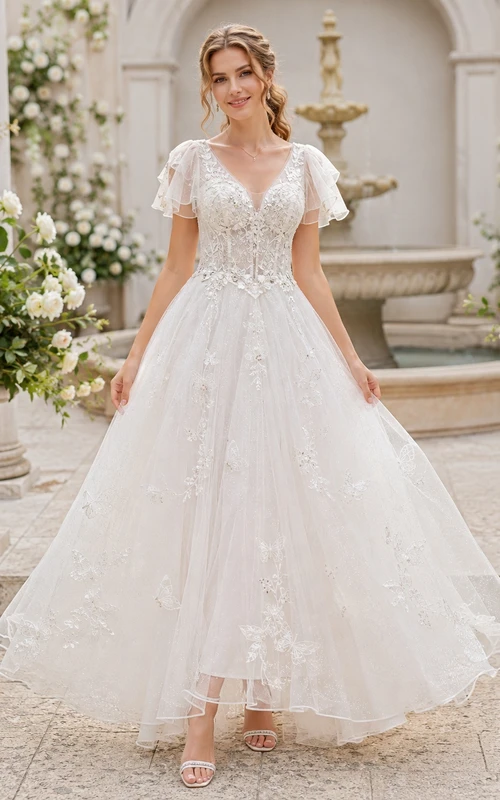 Fairy Wedding A-Line Lace Tulle V-Neck Flutter Sleeve Floral Applique Ankle-Length Dress