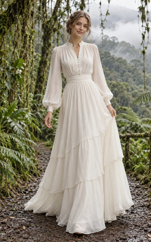 Schlichtes, langärmeliges Brautkleid aus Baumwollvoile mit Knöpfen und diagonal gestuftem A-Linien-Rock