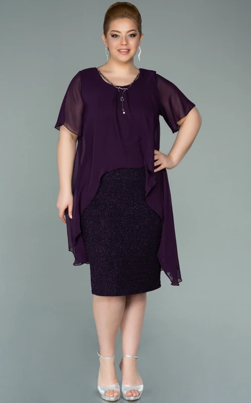 Vestido de talla grande para la madre de la novia, de gasa con lentejuelas, manga corta y escote redondo.