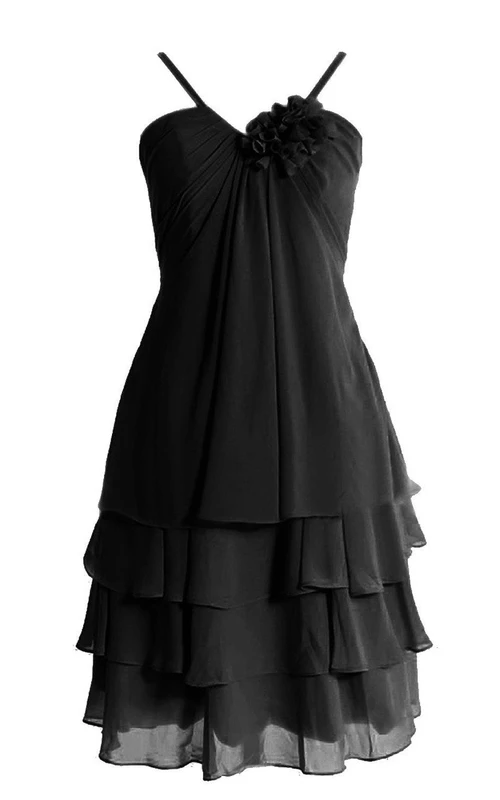Vestido corto de gasa sin mangas con volantes y tirantes finos.