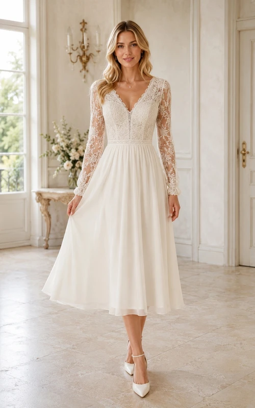Bohemian V-neck Long Sleeve Lace A-line Tea-length Civil Bridal Dress