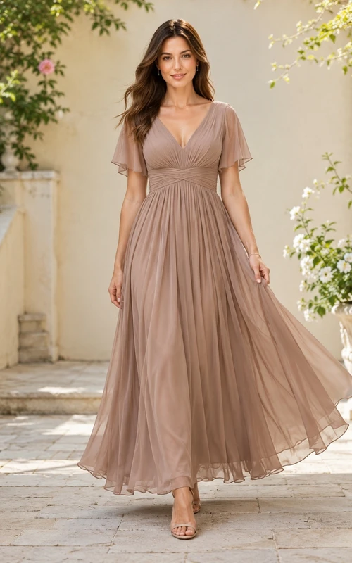 Robe d'invitée romantique et sobre en mousseline taupe, col en V, manches papillon, coupe empire, longueur cheville, en mousseline.