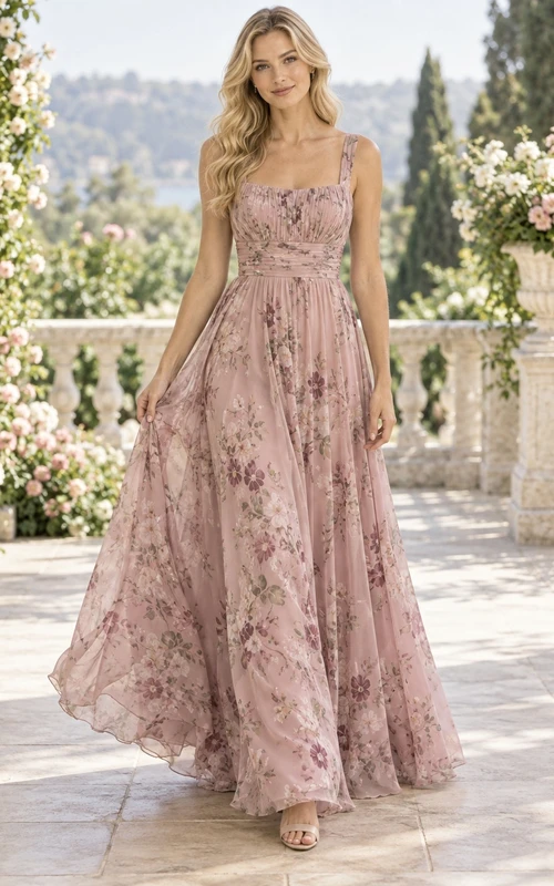 Vestido de dama de honor romántico de gasa, largo hasta el suelo, con escote cuadrado y tirantes finos, color rosa empolvado y estampado floral.