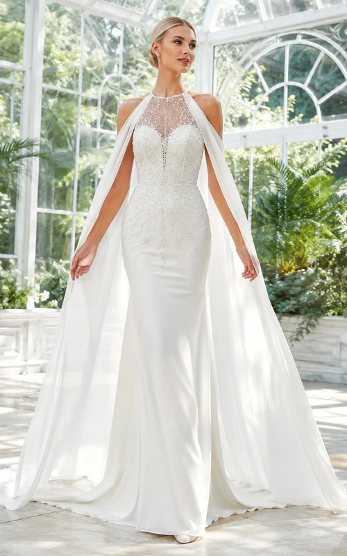 Robe de mariée fourreau en satin et mousseline de soie, col montant illusion, manches cape et traîne amovible, idéale pour une destination.