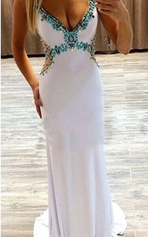 Robe de soirée longue sans manches à col en V ornée de perles et de cristaux glamour
