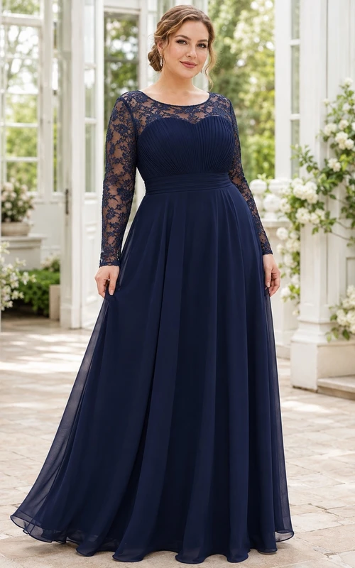 Romantic Navy Lace Tulle A-Line Floor-Length Square Neck Long Sleeve Formal Dress