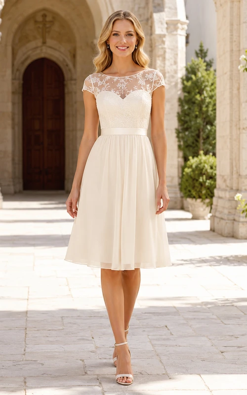 Robe ivoire modeste à col bateau, manches illusion, dentelle et mousseline, coupe trapèze, longueur genou.