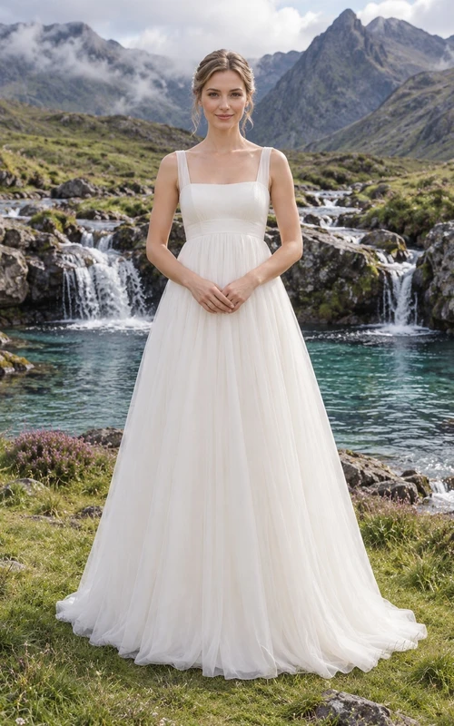 Sencillo vestido de novia de corte imperio en tul con escote cuadrado y corpiño fruncido.