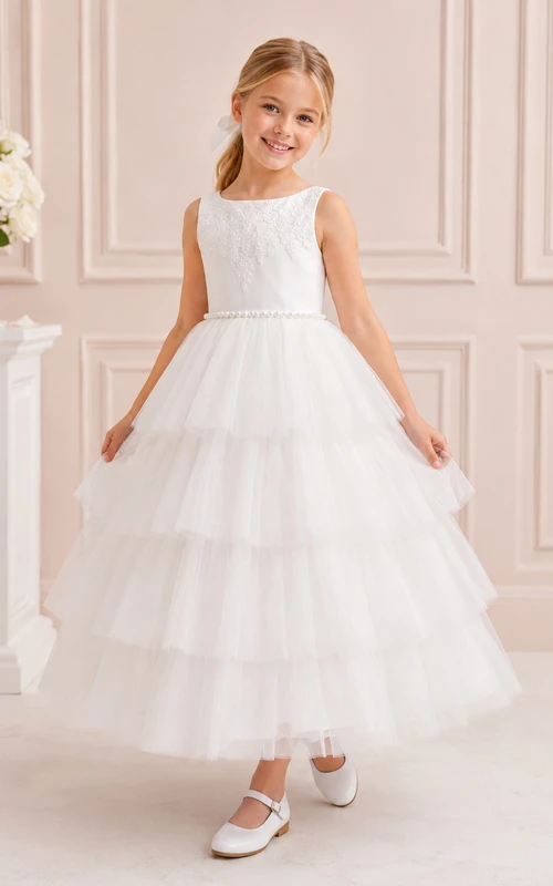 Weißes, ärmelloses, gestuftes Tüllkleid mit Rundhalsausschnitt und knöchellangem Rock – perfekt für Kommunion und Blumenmädchen